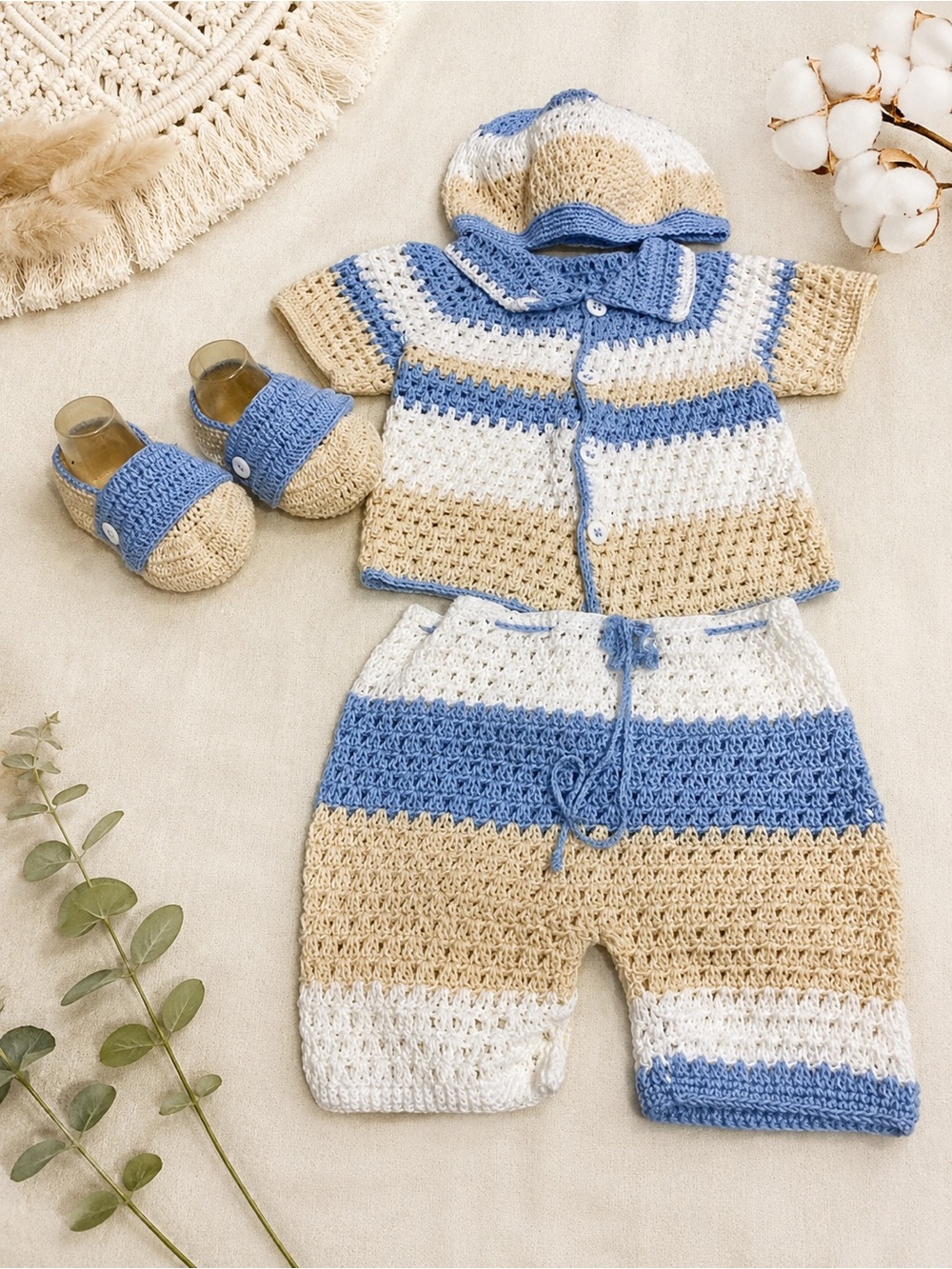 Handmade Baby Crochet Matching Set in Blue, White & Beige